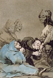 Obsequio a el maestro (Lahja mestarille), "Los Caprichos" -levy 47, alkuperäinen painos, 1700-luvun loppu (värikaiverrus)